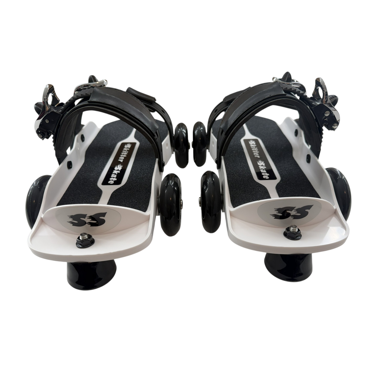 Skitter Skates Black Skitter Skate featuring a white base, black straps, and smooth wheels for all-level skating.