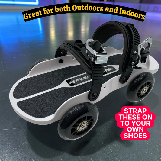 Skitter Skates Black Skitter Skate with white base, black grip tape, and adjustable straps for indoor or outdoor use.