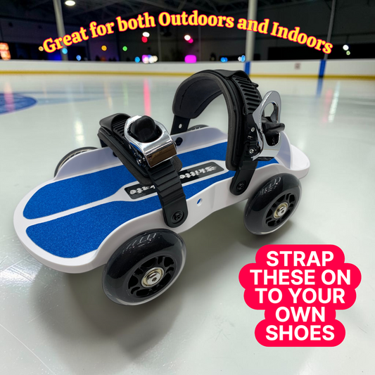 Skitter Skates Blue Skitter Skate with white base, blue grip tape, and black adjustable straps for indoor or outdoor use
