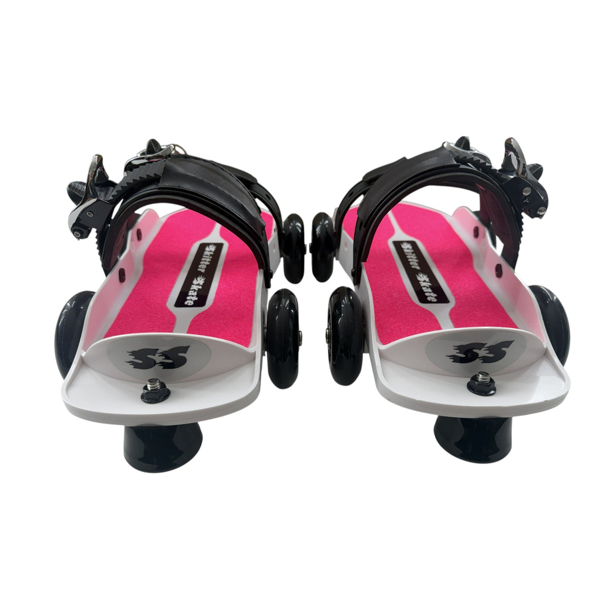 Skitter Skates Hot Pink Skitter Skate with white base, black straps, and wheels for recreational skating.