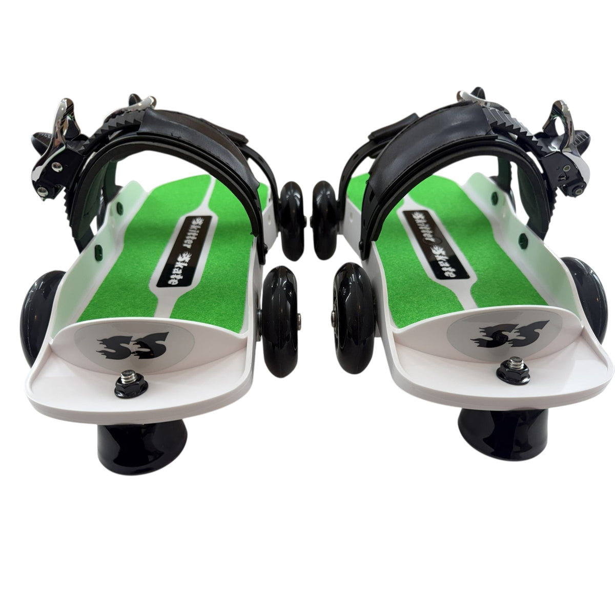 Skitter Skates neon green and white adjustable strap roller skates with black wheels on a white surface