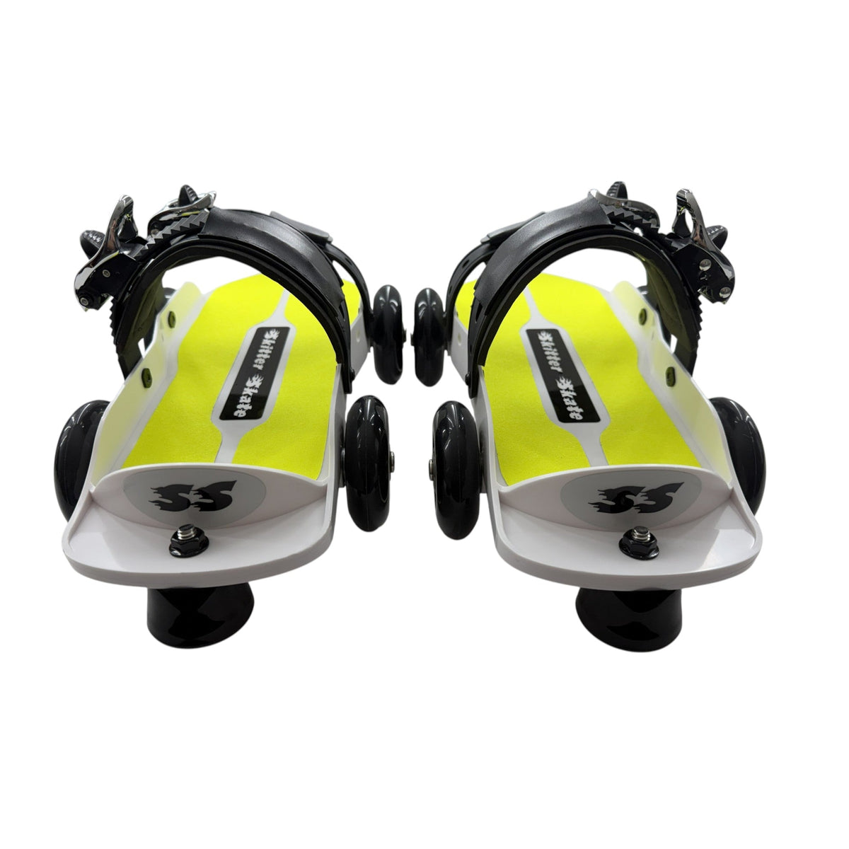 Skitter Skates Neon Yellow Skitter Skate with white frames, black straps, and smooth wheels for all skill levels