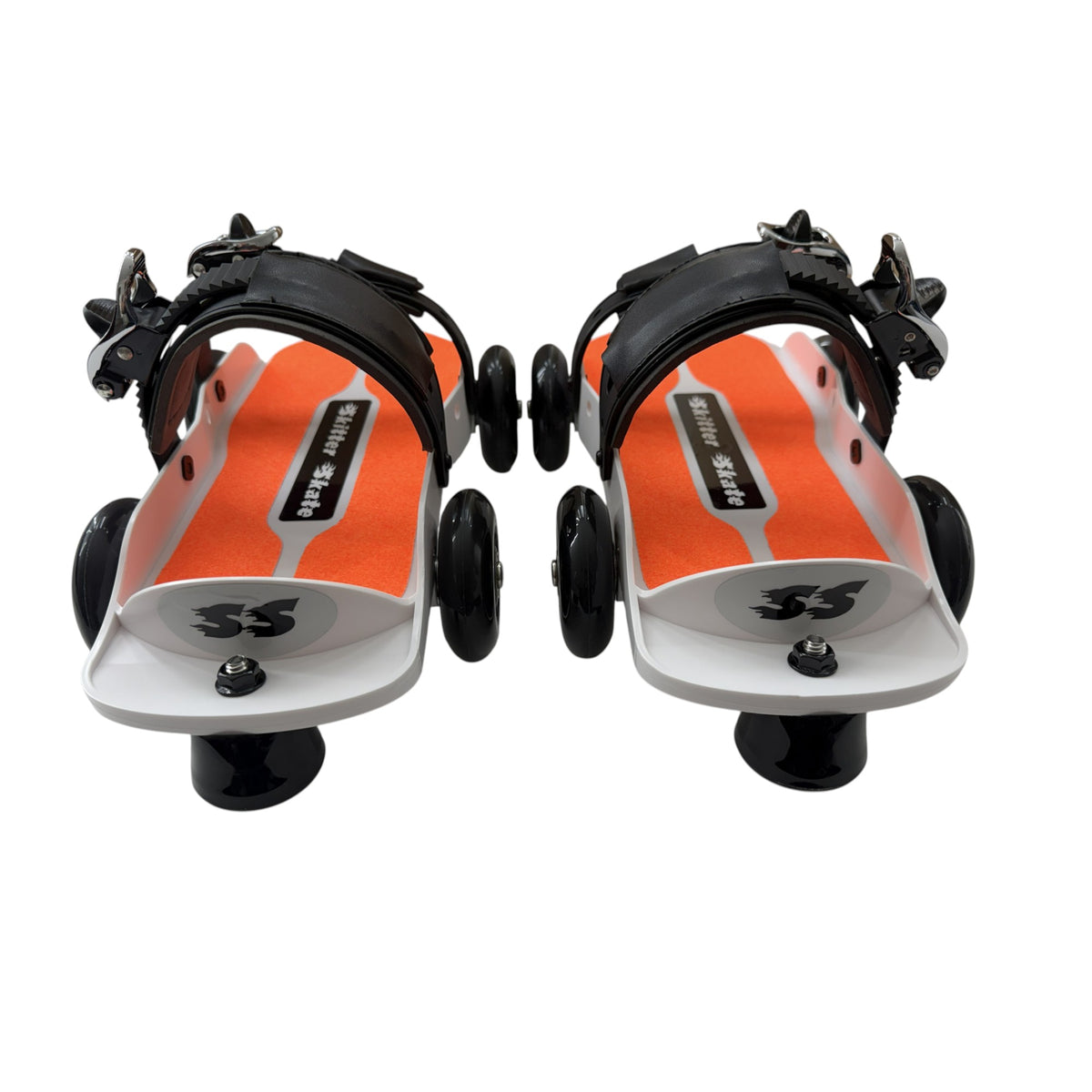 Skitter Skates Orange Skitter Skate featuring white frames, black straps, and orange footbeds for all skill levels.