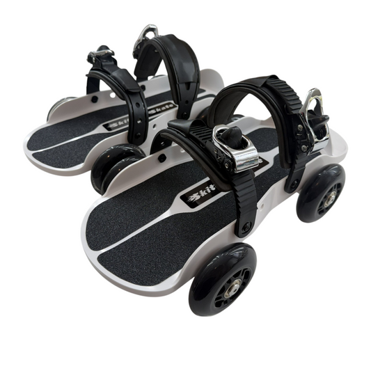 Skitter Skates Black Skitter Skate featuring a white deck, black grip tape, and adjustable black buckle straps.
