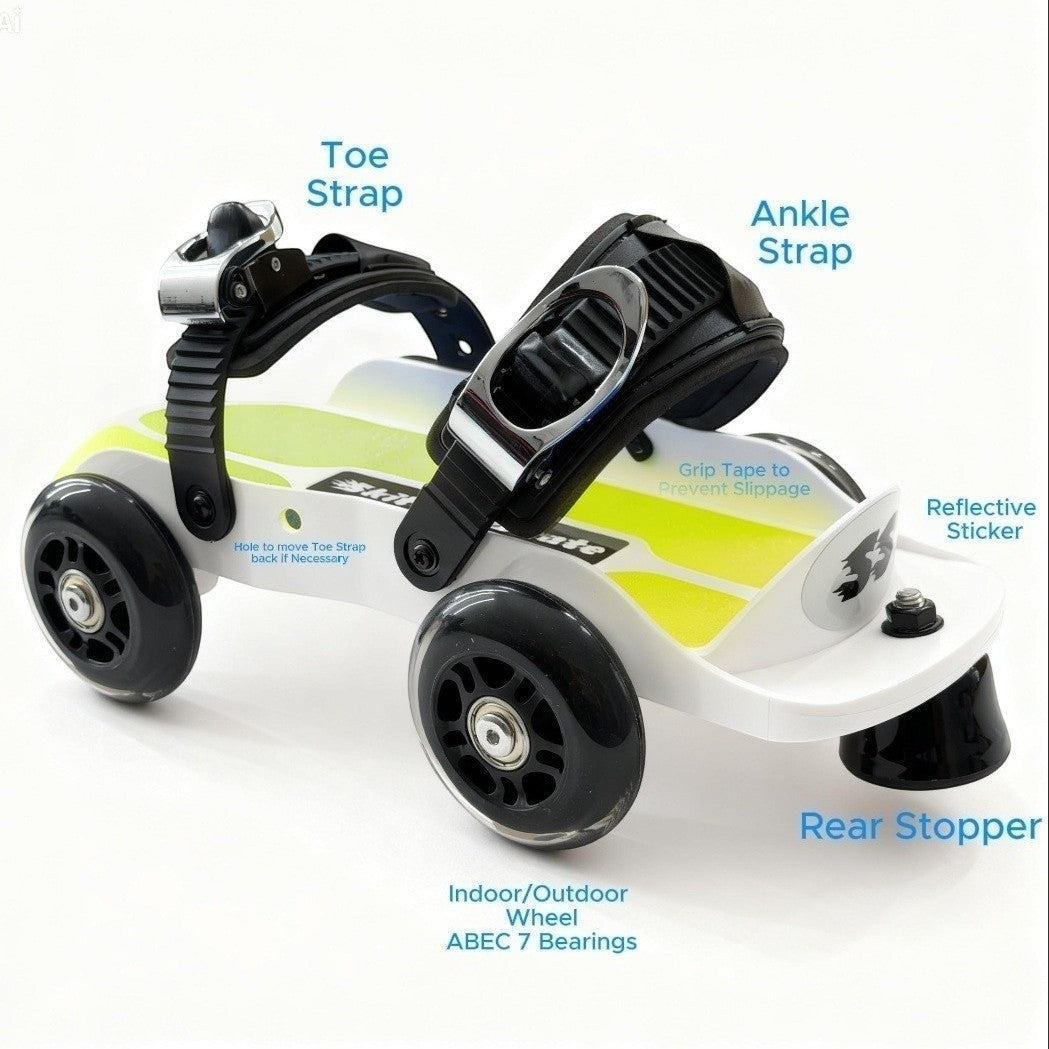 Skitter Skates Neon Yellow Skitter Skate with white base, blue grip tape, black straps, and indoor/outdoor wheels.