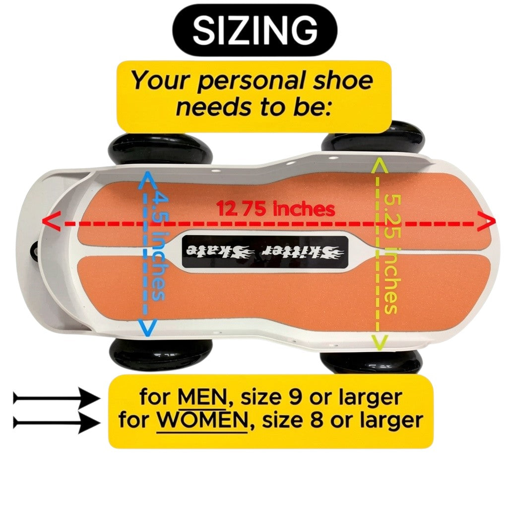 Skitter Skates Orange Skitter Skate sizing guide showing deck dimensions of 12.75 inches length for adult shoe sizes.