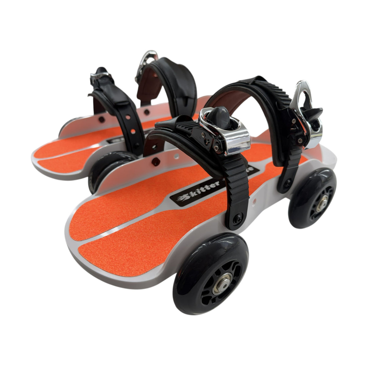 Skitter Skates Orange Skitter Skate featuring a white frame, bright orange grip tape, and black adjustable straps.