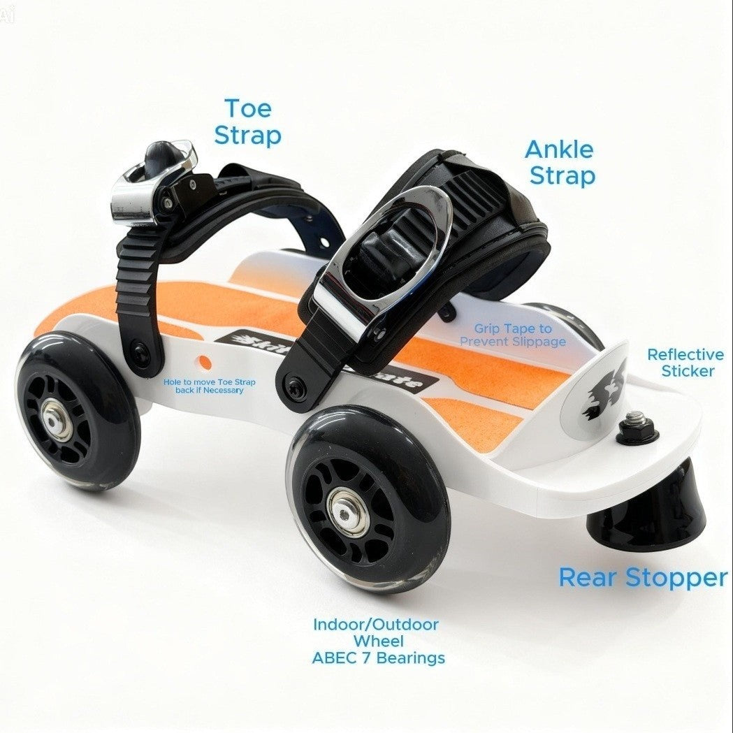 Skitter Skates Orange Skitter Skate featuring white frame, blue grip tape, black straps, and indoor/outdoor wheels.